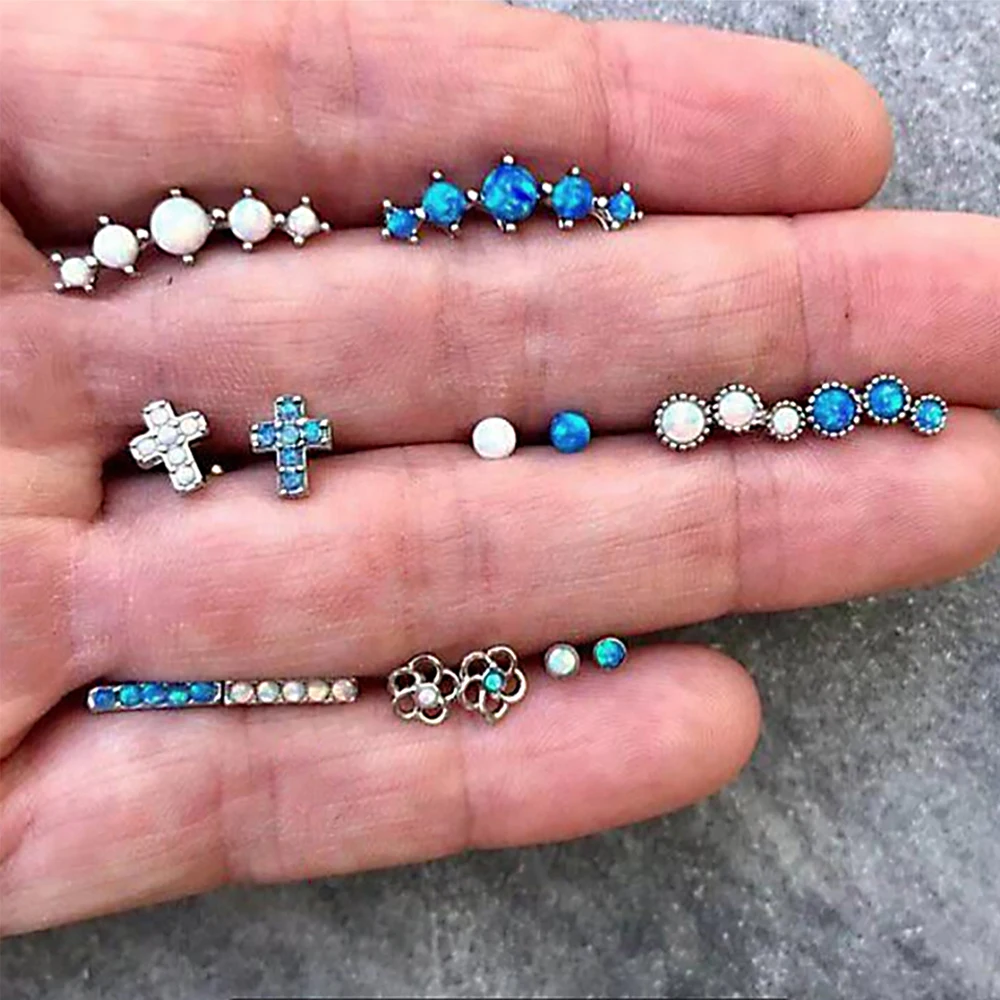 

14 Pcs/set Women's Fashion Gem Beads Crystal Cross Flower Silver Earrings Set Bohemian Vintage Jewelry Accessories