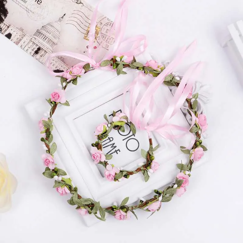 1 компл./лот свадебные декоративные венки для укращения во время+ наручные Комплект цветочной одежды PE завязка для волос; головные повязки с цветком ободок для волос невесты пляжная одежда