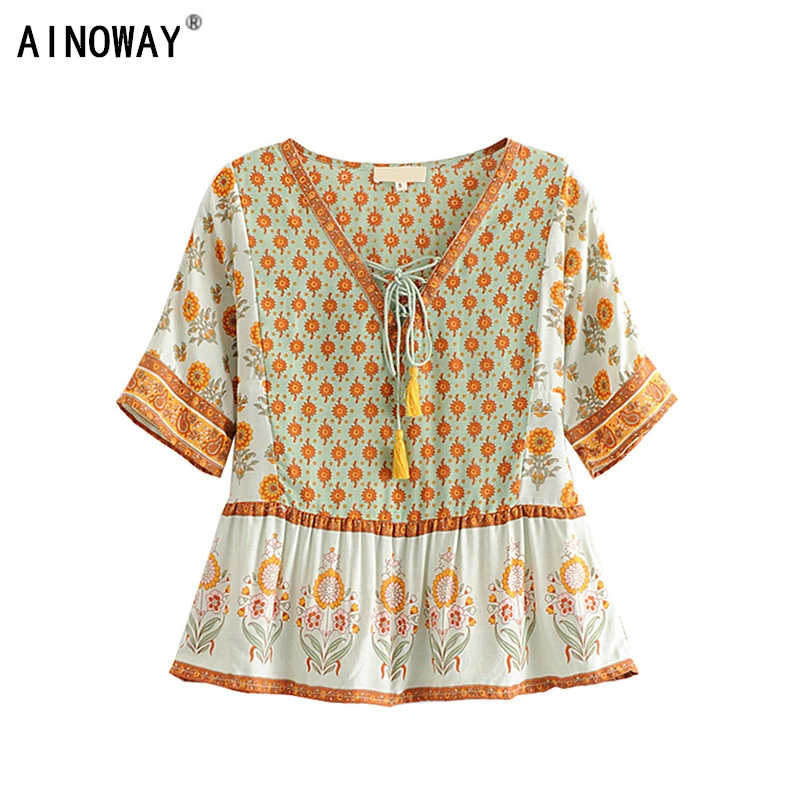 

Vintage chic women bohemian floral printed v-neck lace-up tassel Boho rayon blouse shirts long sleeve shirts female blusas