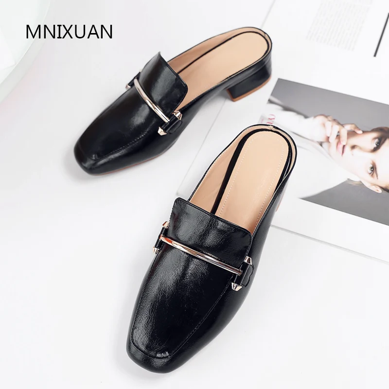 

Mnixuan Elegant 2019 Summer New Women Pumps Shoes Mules Rome Square Toe Block Medium Heels Comfortable Slippers Puls Size 41 43