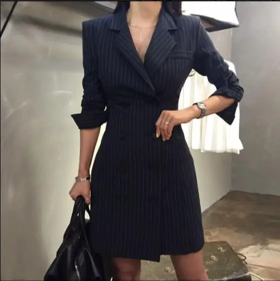 

Spring Autumn Blazer Dress Office Women Sexy Double Breasted Royal Blue Striped Business Dress Long Sleeve Chic Female ZN276