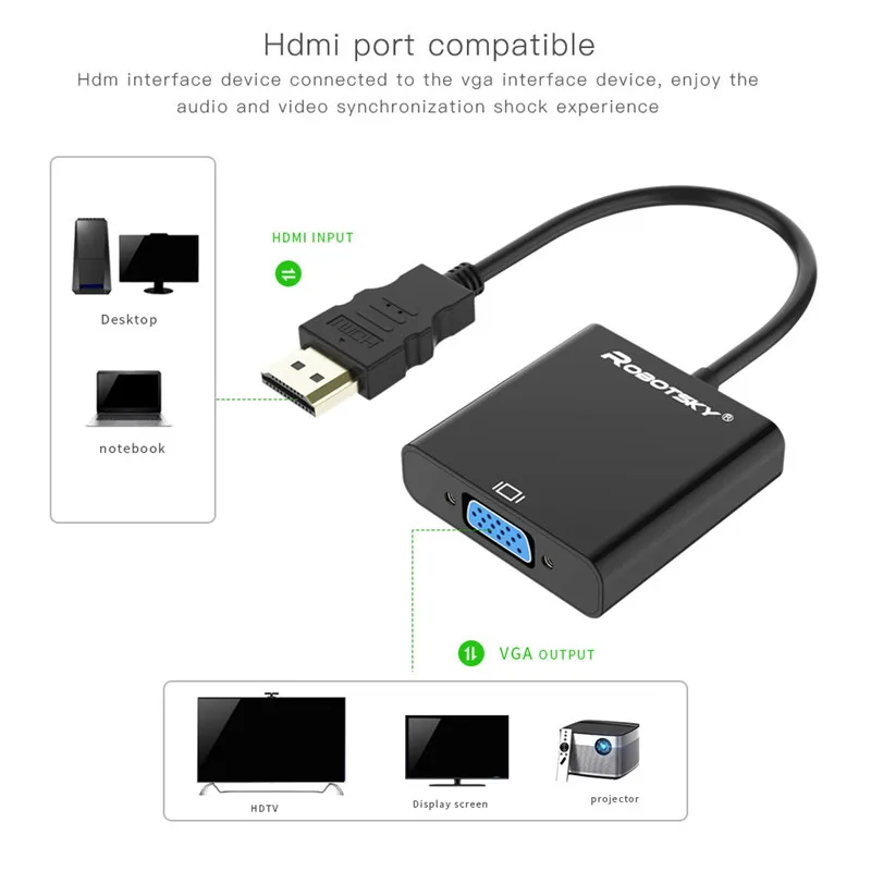 Robotsky HDMI к VGA адаптер цифро-аналоговый av-конвертер кабель для Xbox PS4 ПК ноутбук ТВ коробка к проектору Displayer HD tv