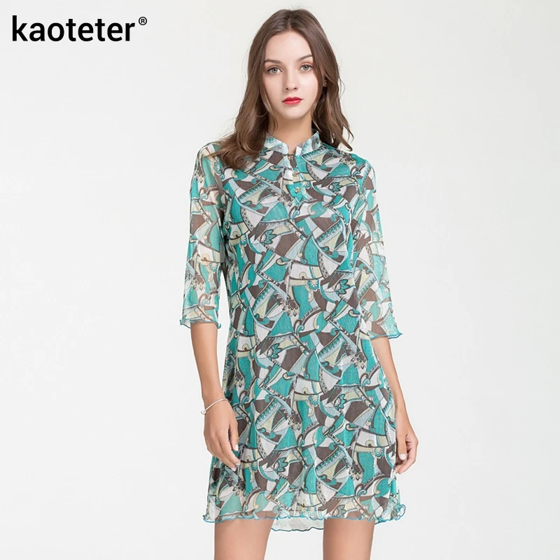 

100% Silk Women's Dress Female Print Mandarin Collar Double-layer Women Dresses
