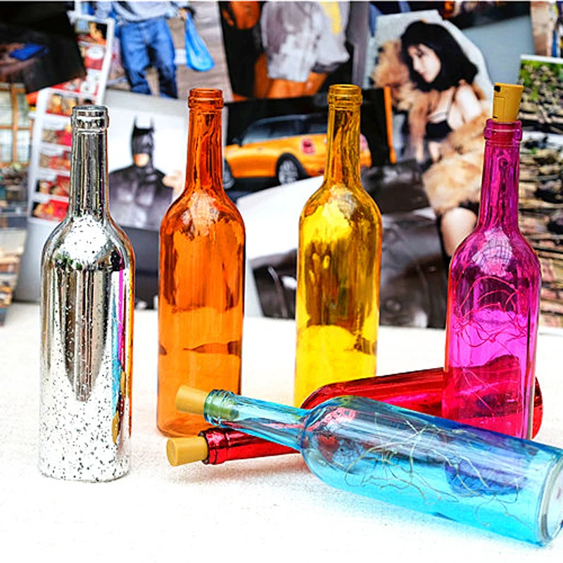 colorful wine bottle and string light I