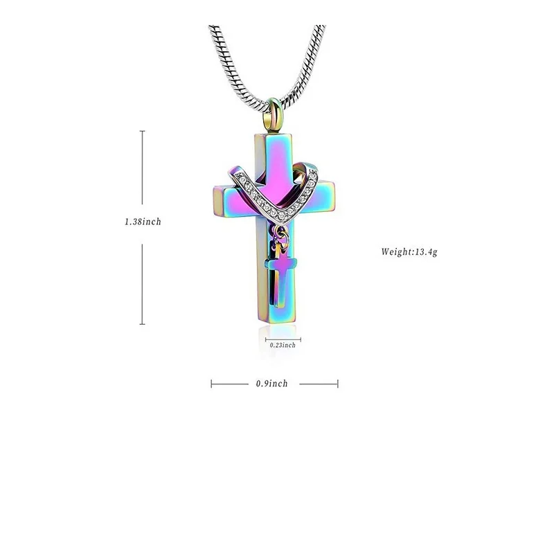 

T0614 Rainbow Color Popular Cremation Jewelry, Double Cross Memorial Urn Necklace Funeral Urns Ashes Holder Keepsake