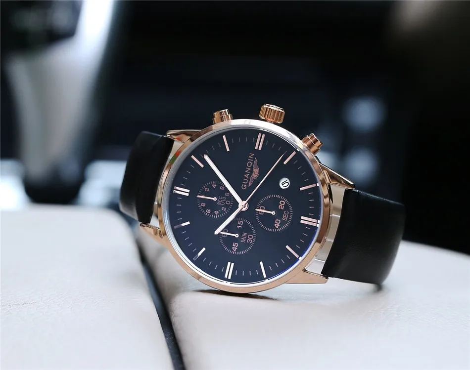 GUANQIN Quartz Watch Mens Watches Top Brand Luxury Chronograph Clock Men Sport Waterproof Leather Wristwatch relogio masculino