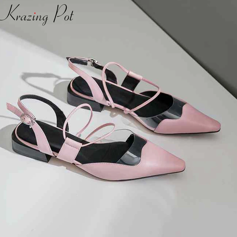 

Krazing Pot hot selling genuine leather ankle straps pink color low heel streetwear gorgeous summer hollow fairy jelly pumps L29