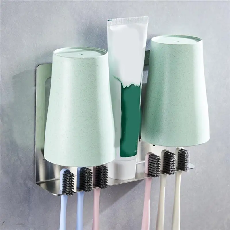 Stainless Steel Toothbrush Gargle Cup Holder Wall Mounted Stand Rack for Home Bathroom with Cups