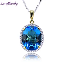 Твердые 18Kt желтого золота с голубым топазом, овал, 12x15 мм голубой топаз Diamond Penadnt для свадьбы, E0003