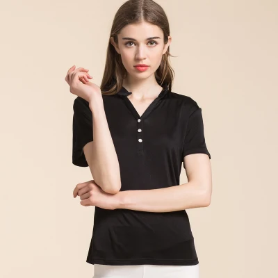 Женская футболка, натуральный шелк, Базовая рубашка, короткая, стоячая шея, джемпер,, осень, новинка, белый, черный, плюс размер, топы - Цвет: Черный