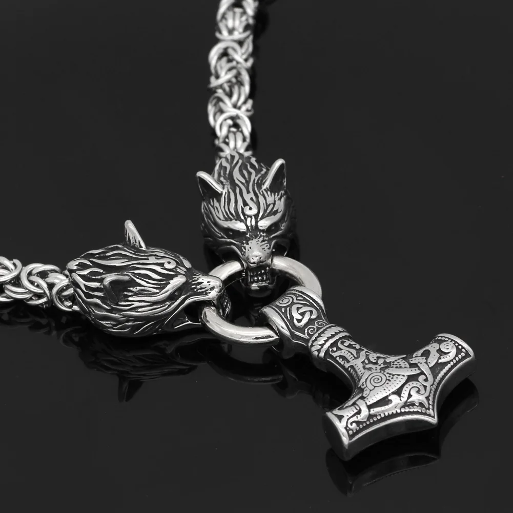 Men stainless steel Wolf head norse viking amulet thor hammer pendant necklace handmade chain