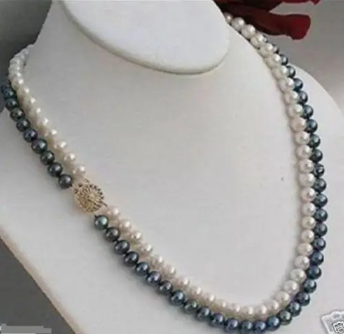 

FREE SHIPPING HOT sell new Style >>>>> 2 rows 7-8mm black white freshwater Cultivation pearl necklace 17-18