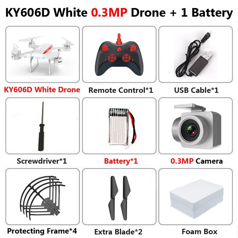 KY606D Дрон 4k HD аэрофотосъемка 1080p четырехосный летательный аппарат 20 минут давление полета Hover ключ взлет Rc вертолет - Цвет: White 0.3MP 1B Foam