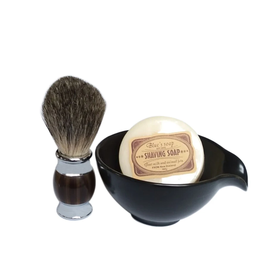 3pc/set Badger Shaving Brush with Ceramic Beard Soap Foam Bowl Mug for