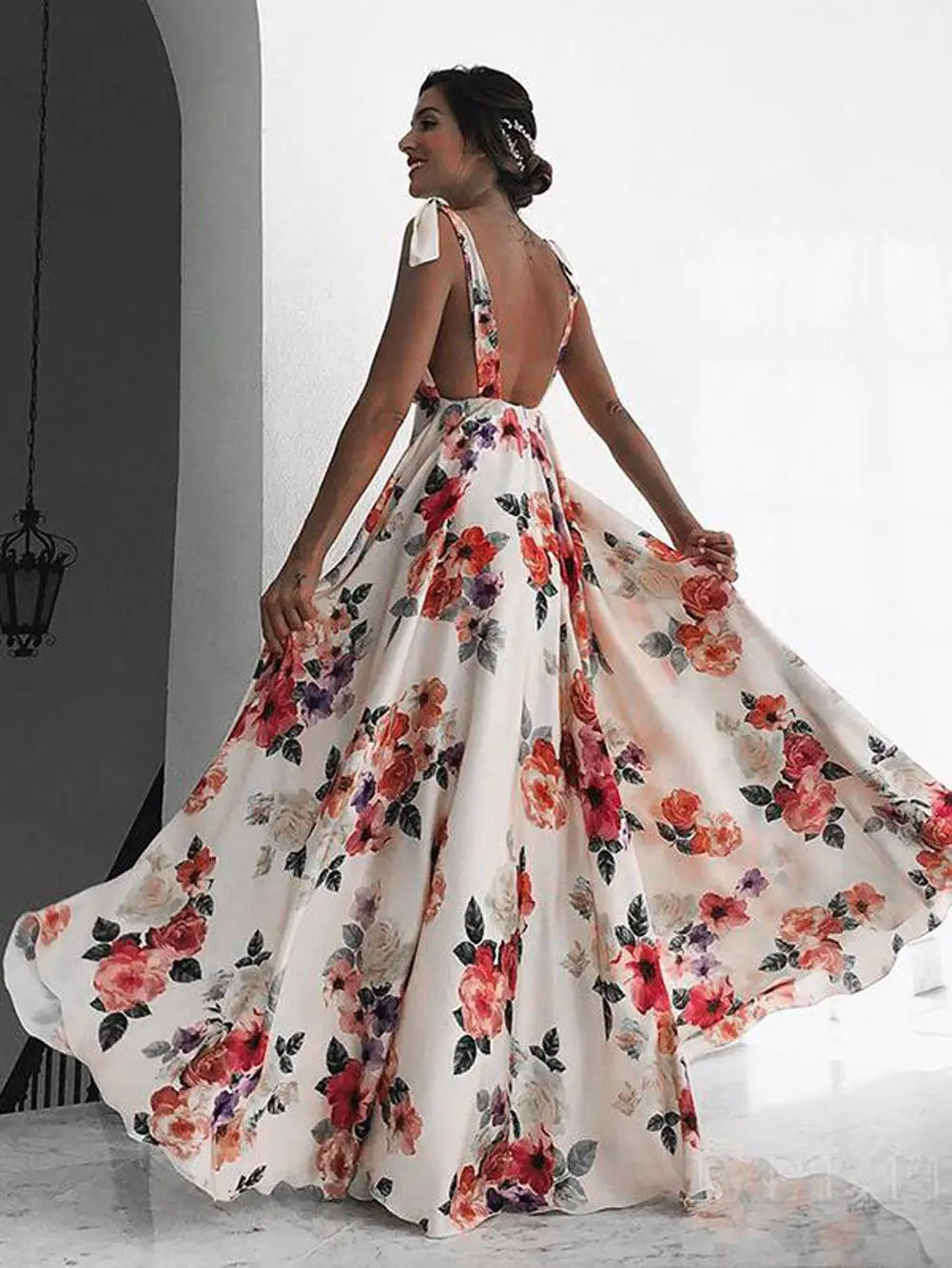 

Summer Long Dress Floral Print Boho Beach Dress Tunic Maxi Dress Women Evening Party V-neck Bandage Sundress Vestidos de festa