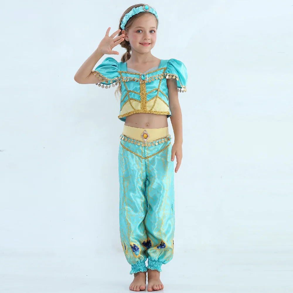Принцесса Жасмин костюм для косплея по мотивам кино принцесса из Аладдина ребенок Хэллоуин косплей, карнавальный костюм модный наряд топ брюки костюм