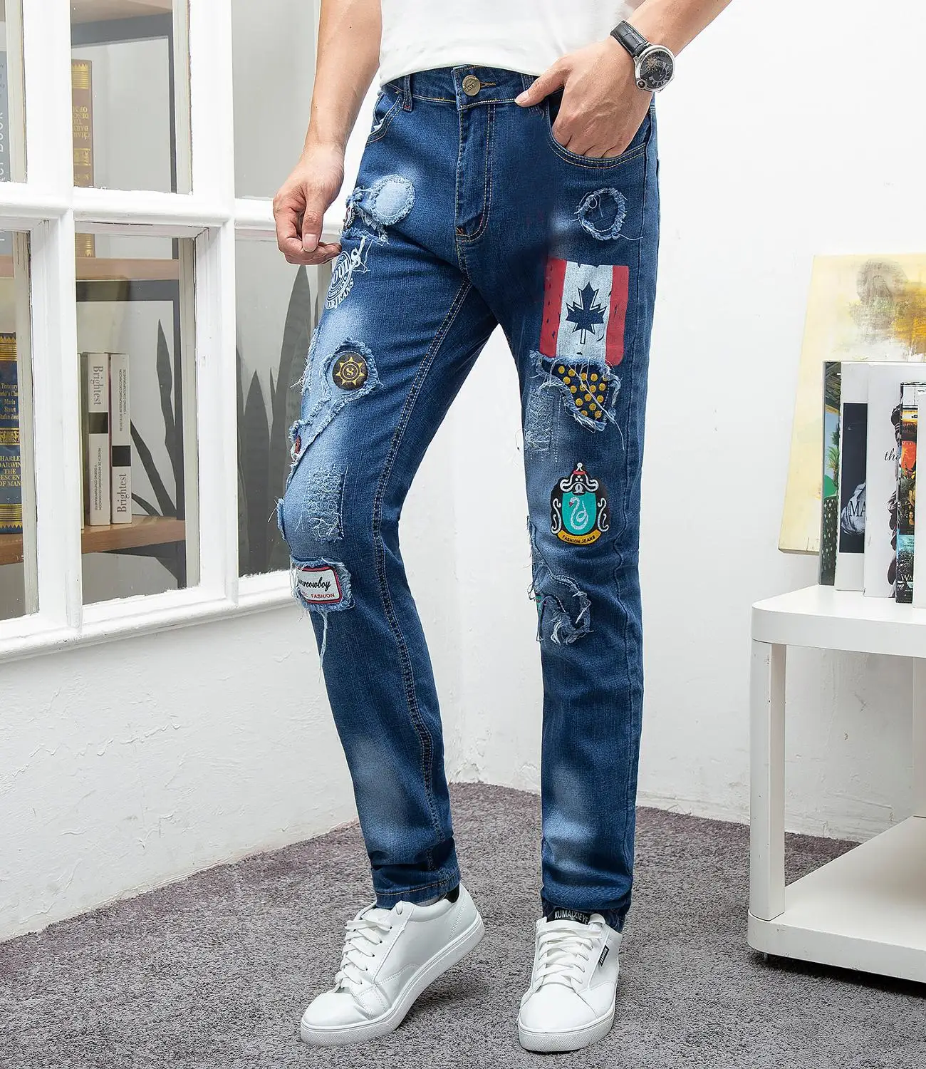 

2019 Brand jeans men cotton straight ripped patchwork distressed hole blue homme denim trousers plus size 29-38 printed jeans