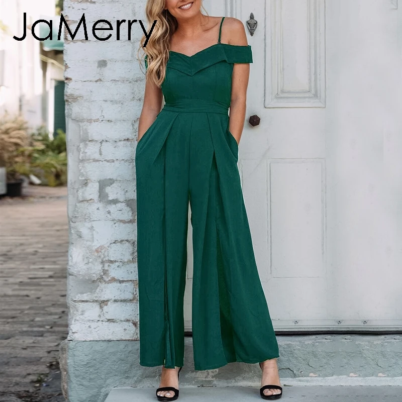 

JaMerry Sexy off shoulder long jumpsuit romper women Black solid wide leg long jumpsuit Casual jumpsuit streetwear jumpsuits