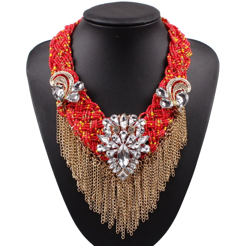 

2019 Fashion Weaving Beads Gold Chain Tassels Necklace Handmade Choker Chunky Statement Necklaces Crystal Bib Pendant Jewelry