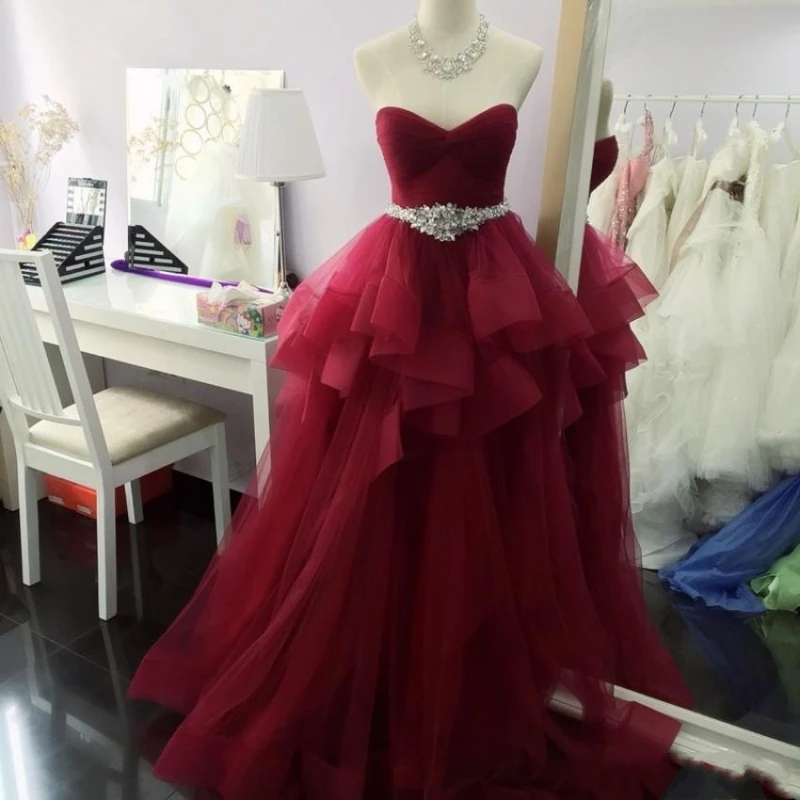 

Hot Sale Elegant Sweetheart Wine Red Long Prom Dresse Pleats Beaded Formal Prom Gowns Robe De Bal Party Dresses Evening Dresses