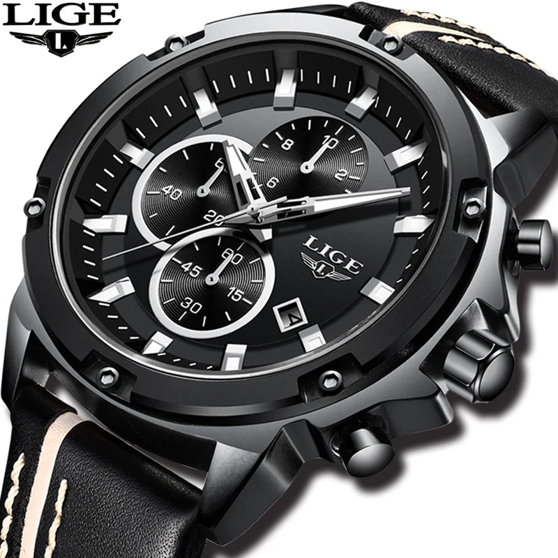 

2018 New LIGE Top Watch Men All Black case Casual Leather Quartz Wristwatch Military Waterproof Sopor Watches Relogio Masculino