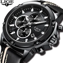 2018 New LIGE Top Watch Men All Black case Casual Leather Quartz Wristwatch Military Waterproof Sopor Watches Relogio Masculino