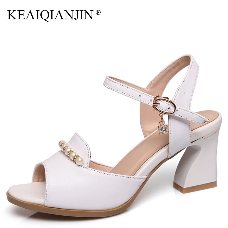 

KEAIQIANJIN Woman Peep Toe String Bead Sandal Genuine Leather High Heels Shoes Plus Size 33 43 Summer Open Toe Crystal Sandals