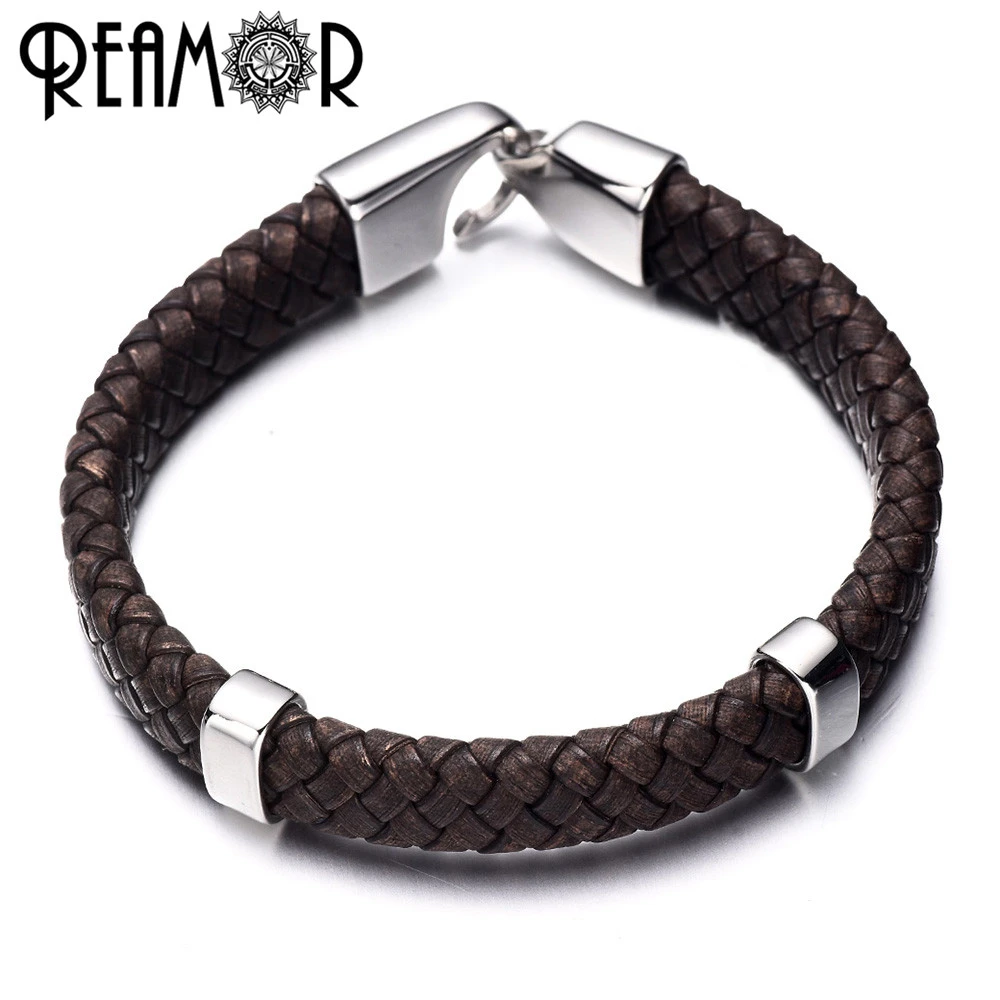 UK Mens Leather Fashion Braided Wristband Bracelet Bangle Stainless Steel Clasp