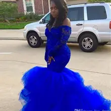 Сексуальные африканские черные платья для девочек, королевские синие платья русалки для выпускного вечера, Длинные вечерние платья из тюля с длинным рукавом и кружевной аппликацией
