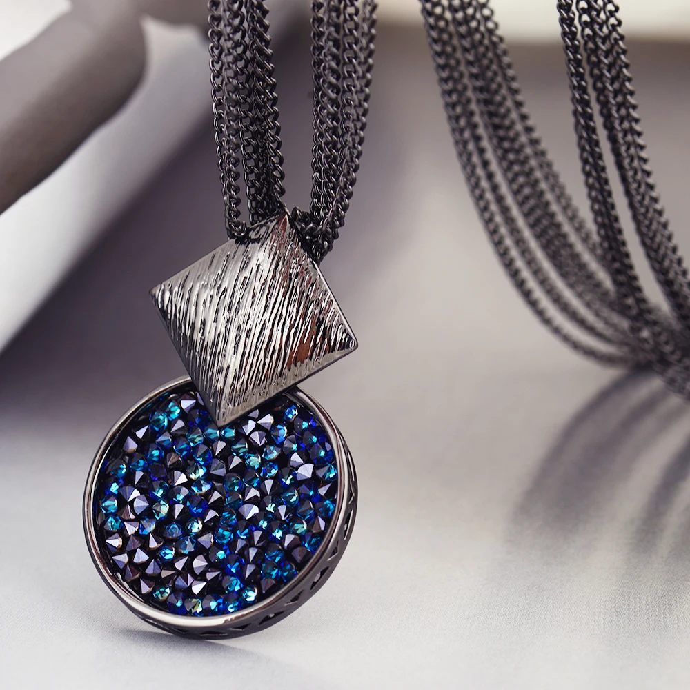 Viennois Gun Plated Long Necklaces Of Blue Crystals For women Dual Length Luxury Round Necklaces