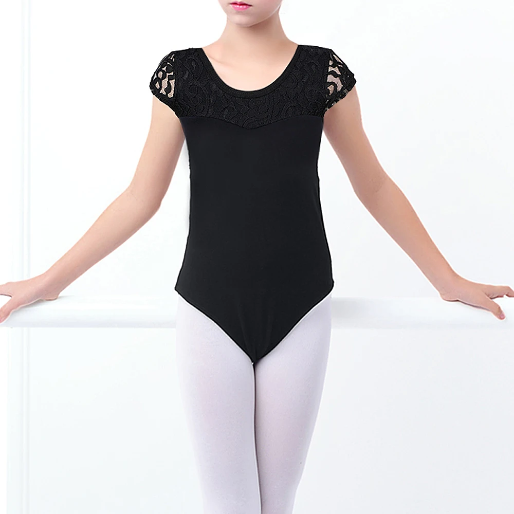 BAOHULU/балетное трико для девочек; милое кружевное танцевальное трико с вышивкой; черное платье из хлопка с короткими рукавами; детский балетный костюм