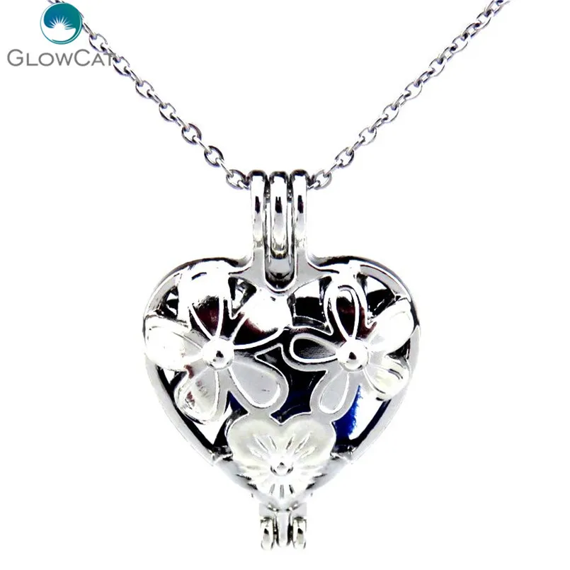

K401 Silver Alloy Pearl Cage 33mm Flowers Heart Stainless Steel Wedding Necklace Aroma Essential Oil Diffuser Locket