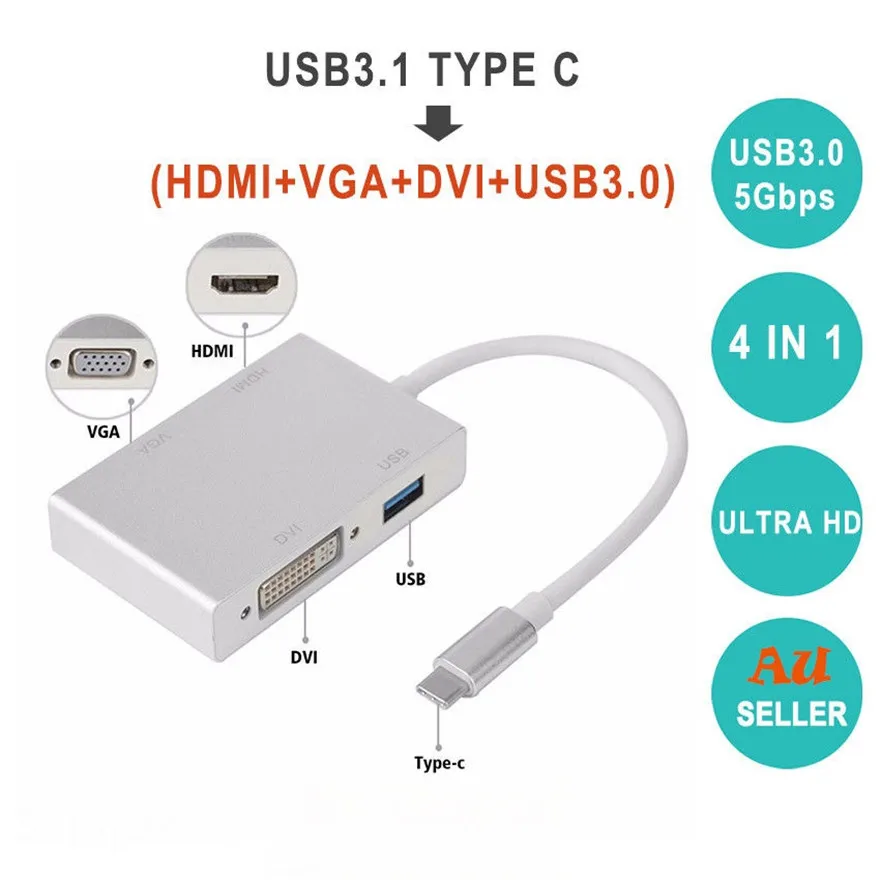 Кабель-адаптер 4 в 1 USB 3 C HDMI VGA DVI 0 для ноутбука Apple Macbook Google Chromebook Pixel | Электроника
