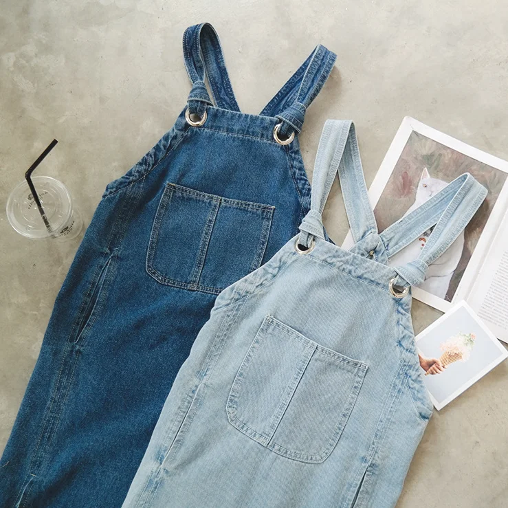 2018 Korean Style New Women Casual Big Pocket Jean Fashion Blue Side Open Hem Denim Dress Harajuku High Waist Long Girls Dresses