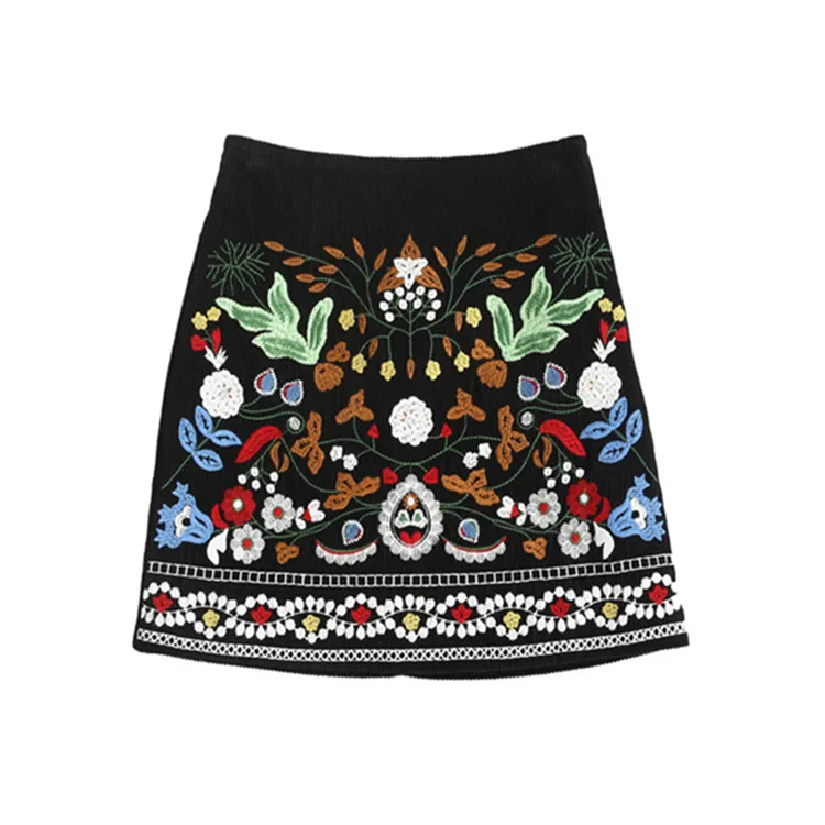 Вельветовая Женская юбка с вышивкой, осенняя винтажная корейская модная трапециевидная юбка с высокой талией, Женская мини-юбка - Цвет: black
