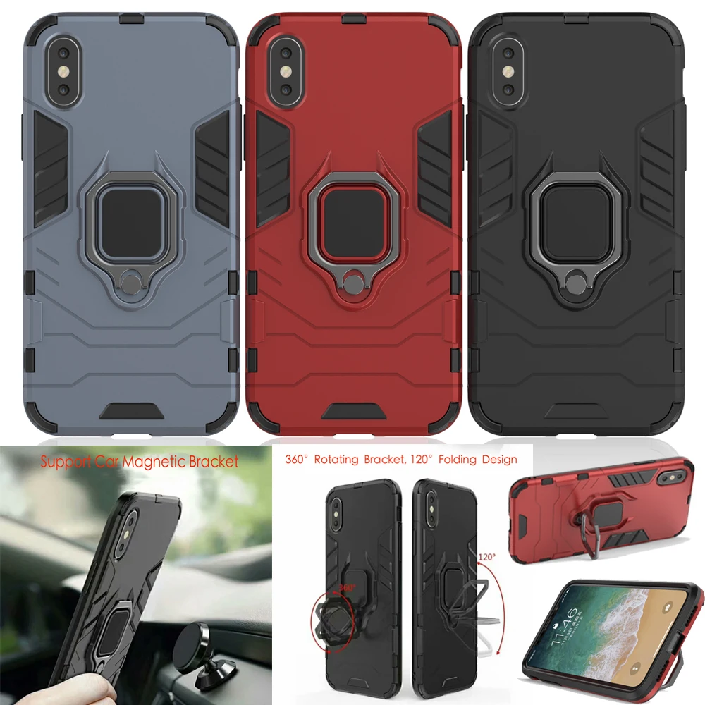 

For iPhone X XS Max XR 8 7 6S Plus Huawei P20 P30 Samsung S10+S9 Plus Finger Ring Stand TPU Silicone Hybrid Hard PC Cover Case
