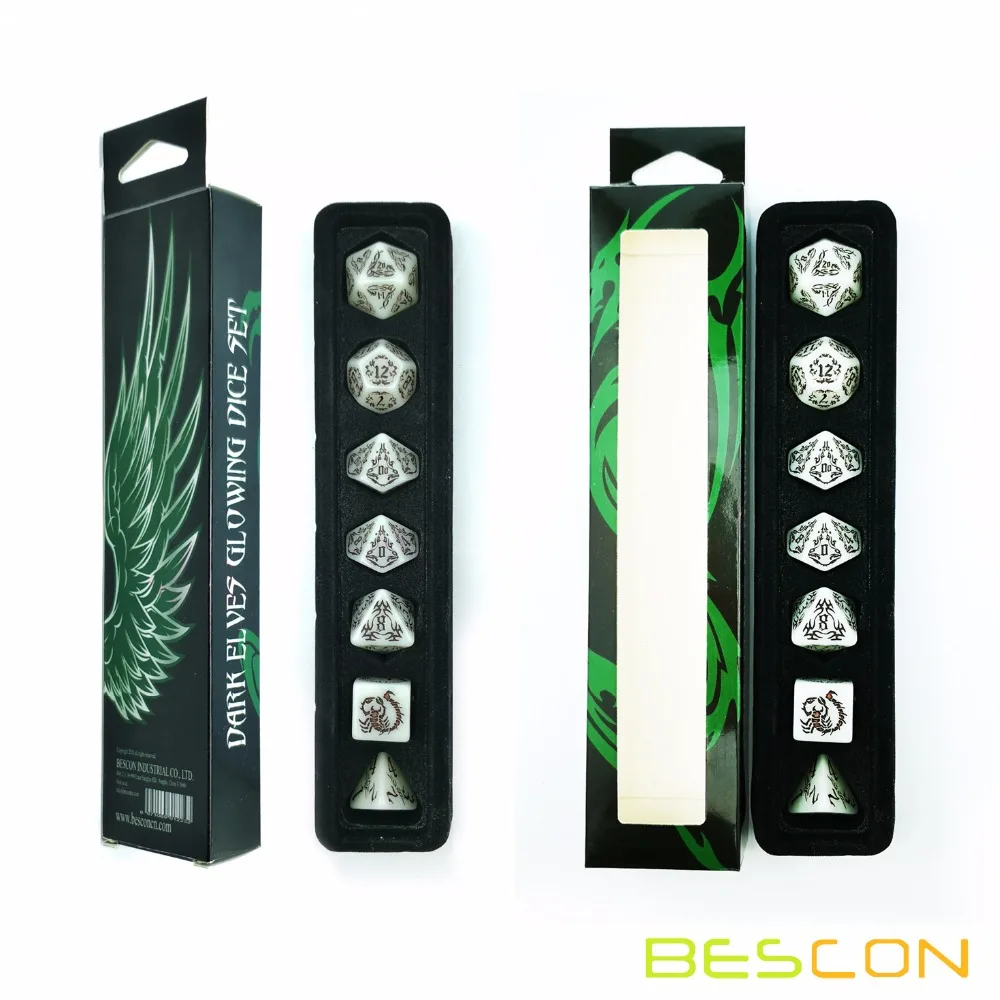 BESCON DARK ELVES Glowing Dice Set (7 piece), Oversized GLOW IN DARK Carved Role Playing Games RPG Dice Set 5