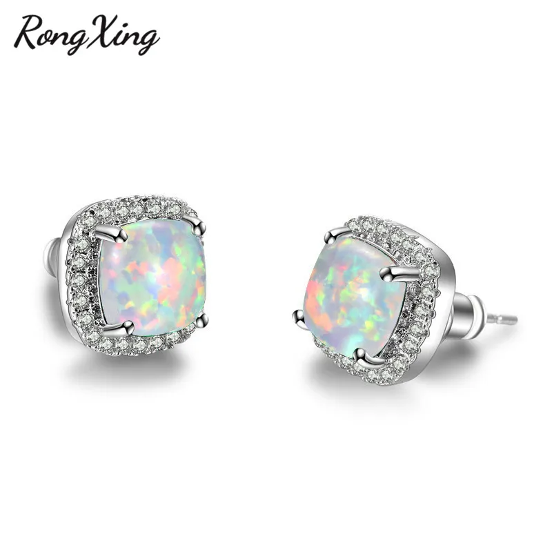 RongXing Stylish White Fire Opal Square Stud Earrings For Women 925