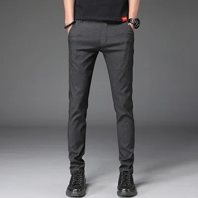 Новые мужские повседневные брюки, зауженные мужские брюки, мужские зауженные облегающие брюки с плоской передней частью, деловые брюки - Цвет: Темно-серый