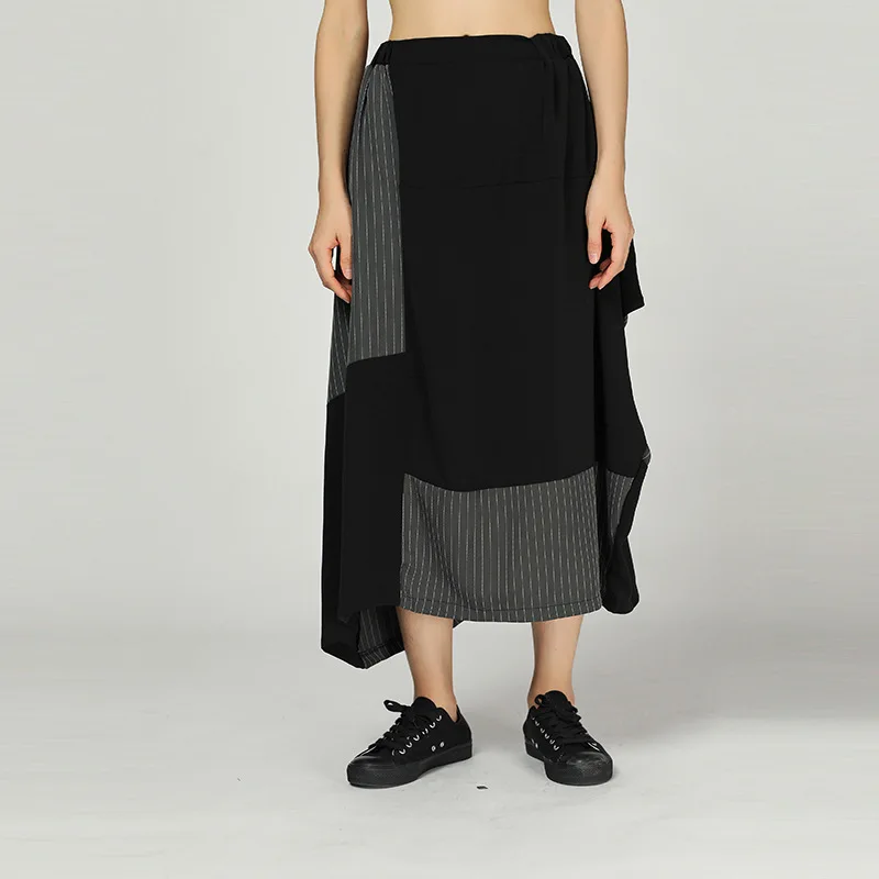 

LANMREM 2019 Spring Summer Bottoms For Women New Fashion Street Stripe Split Joint Irregular Half-body Skirt Personality YH197