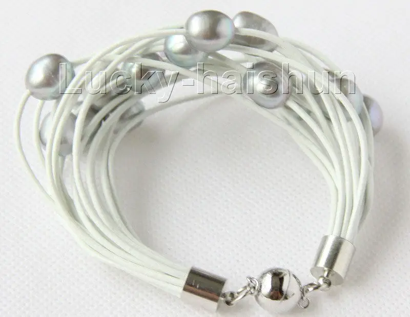 

Free Shipping >>>>> 8" 13mm 15row gray pearls white leather bracelet j9688
