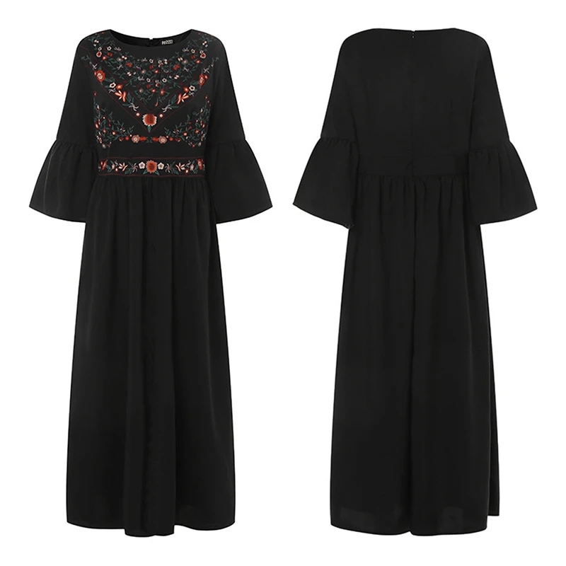 ZANZEA женское летнее платье Bohemain с расклешенными рукавами макси длинное платье женские винтажные Повседневные Вечерние платья с оборками - Цвет: Черный