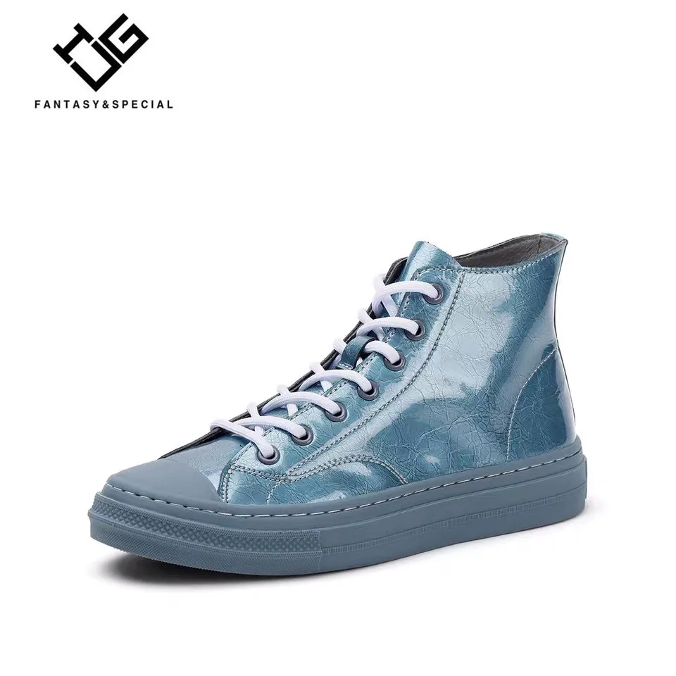 

IGU Vulcanized Shoes Leather Women Patent Leather Blue Cool Punk Street Ladies Sneakers Shoes Flat Heel Ankle Boots For Females