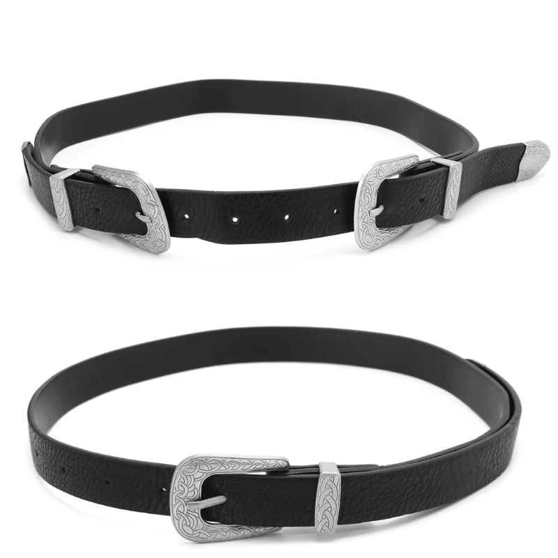 

Fashion Women Black Boho Vintage Metal Faux Leather Belts Single/Double Buckle Waistbands New