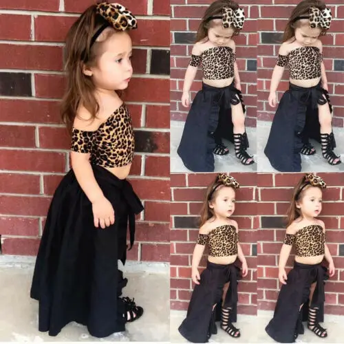 

Toddler Girl Clothes Fashion Girls Dress Suit Leopard Wipe Top+Dovetail Skirt Pants Hair Band Outfits