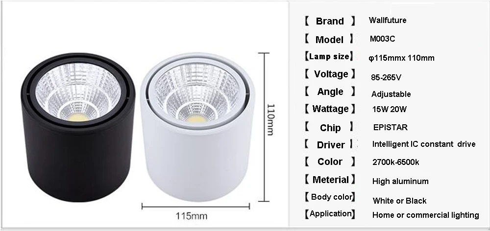 Поверхностный монтаж dimmable Белый/светодио дный черный светодиодный COB светильник 5 Вт/7 Вт/10 Вт/15 Вт/20 Вт светодио дный светодиодный