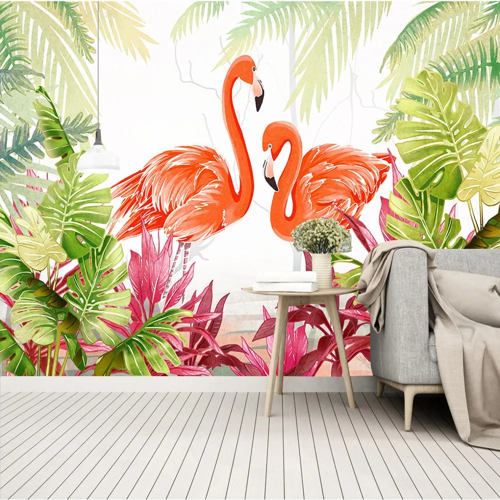 

Free Shipping Custom Small Clear Green Leaf Flamingo Tropical Rain Forest TV Background Wallpaper Mural Bedroom Wallpaper