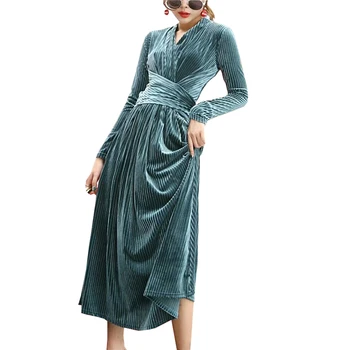 

Vintage Gold Velet Sexy V-neck Party Dresses 2018 Autumn Winter Fashion Long Big Swing Dresses Ladies Casual Gray Dress YP2024