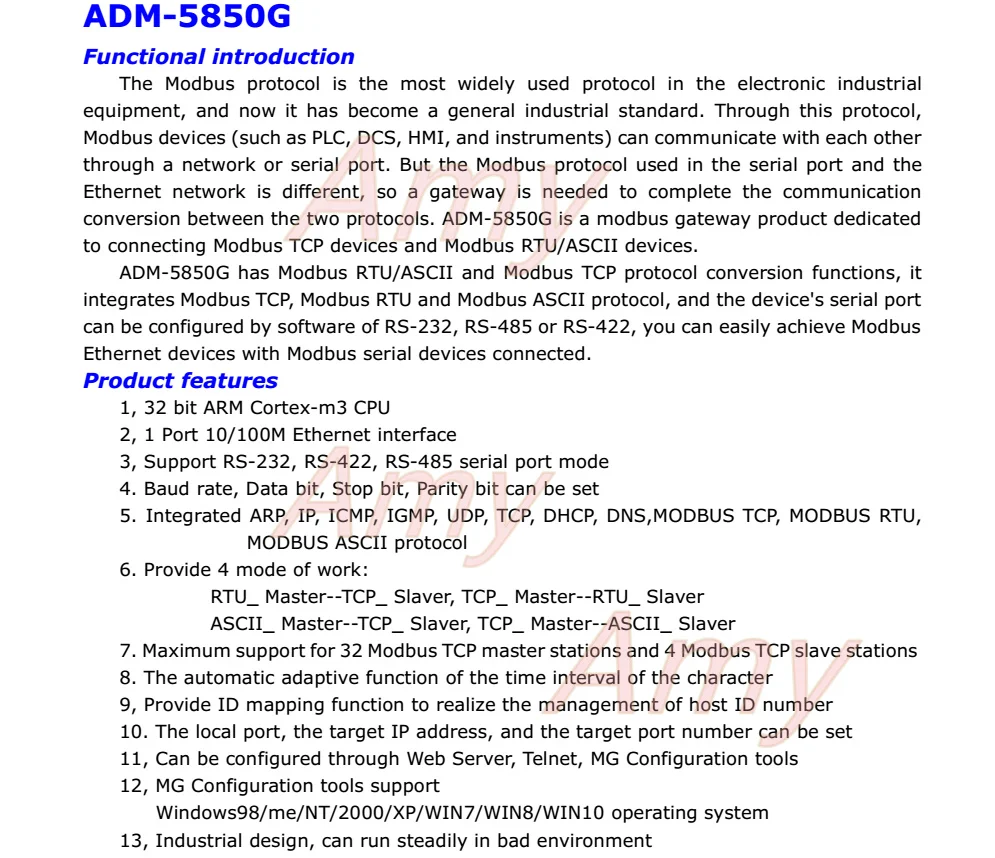 ADM-5850G промышленный Шлюз Modbus, MODBUS RTU/ASCII к Modbus TCP, поддержка последовательного порта ПЛК