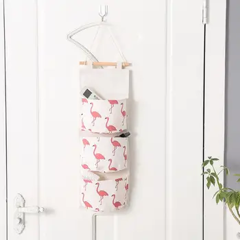 

Flamingo Pattern Cotton Linen Hanging Storage Bag 3 Pockets Wall Mounted Wardrobe Hang Bag Wall Pouch Cosmetic Toys Organizer